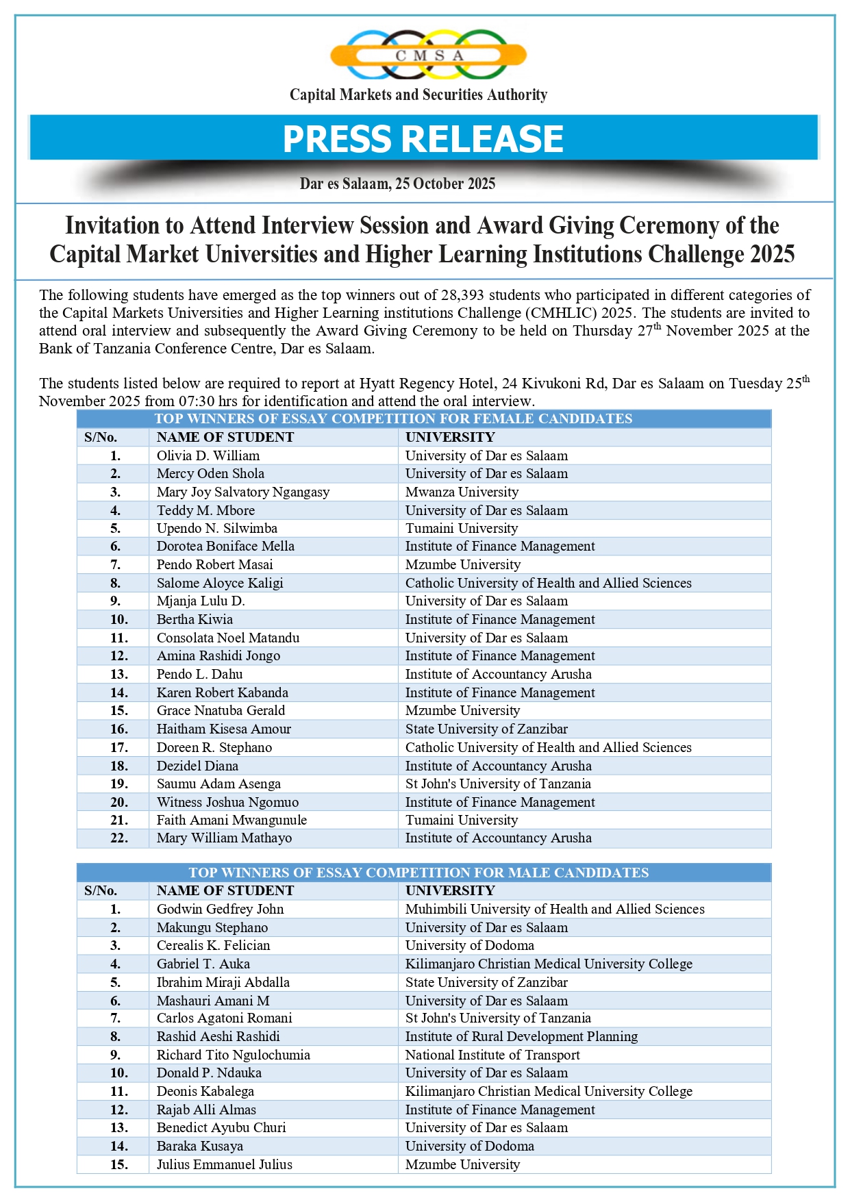 Invitation to Attend Interview Session and Award Giving Ceremony of the Capital Market Universities and Higher Learning Institutions Challenge 2025